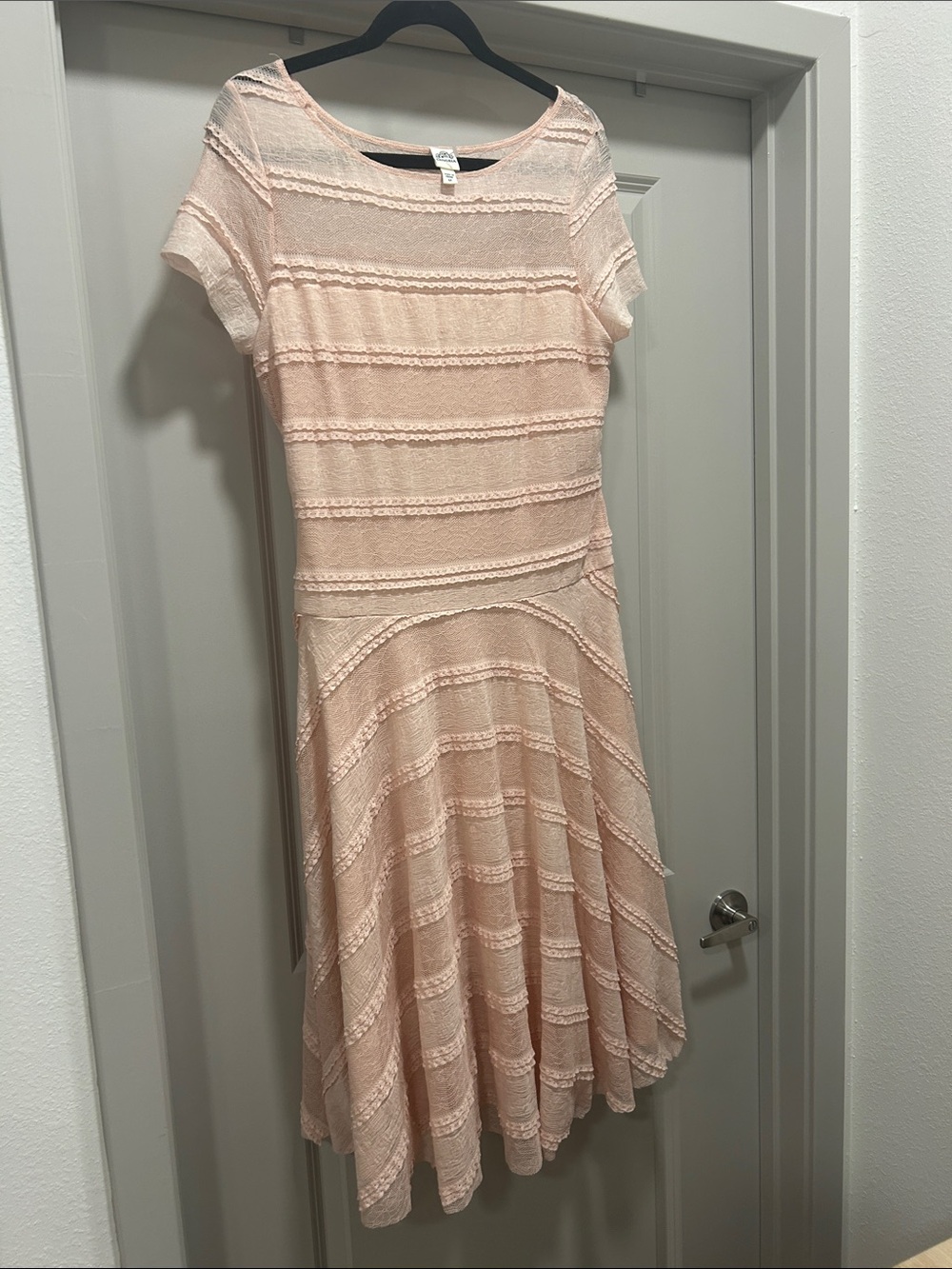 Sangria Light Pink Lace-Trim Fit & Flare Dress